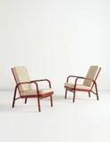 Pair of armchairs by Jean Prouvé and Jules Leleu, circa 1935, Painted steel, linen, sold Dec 2014