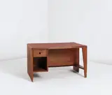 "Office table" desk with bookcase, model no. PJ-BU-02-A, designed for the Secretariat and administrative buildings, Chandigarh by Pierre Jeanneret, circa 1957-1958, Indian rosewood, leather, sold Dec 2014