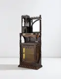 Carlo Bugatti, Cabinet, circa 1900, Mahogany, brass, pewter, and mother-of-pearl marquetry-veneered wood, carved mahogany, colored glass, mirrored glass, pressed cork, parchment, repoussé copper, reticulated brass mounts, bone, silk tassels