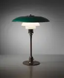 Early and rare table lamp, type 4/3 shades by Poul Henningsen, 1927, Painted copper, patinated tubular brass, patinated brass, opaque glass, offered Dec 2014