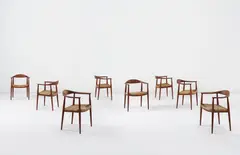 Hans J. Wegner, Set of eight "The Round" chairs, model no. JH 501, 1949, Teak, cane