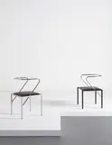 Shiro Kuramata, Two "Apple Honey" chairs, designed 1985, Chromium-plated tubular steel, painted aluminum, anodized aluminum, leather, vinyl