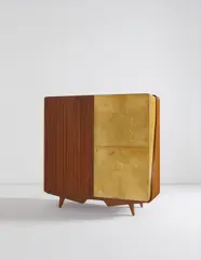Unique armoire by Gio Ponti, circa 1958, Pear wood-veneered, parchment-covered and plastic-laminated wood, pear wood, brass, metal, sold Dec 2014