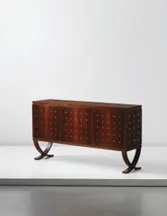 Illuminated sideboard by Paolo Buffa, circa 1945, Rosewood-veneered wood, brass inlays, wood, frosted glass, clear glass, sold Dec 2014