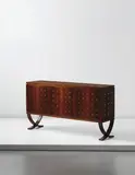 Paolo Buffa, Illuminated sideboard, circa 1945, Rosewood-veneered wood, brass inlays, wood, frosted glass, clear glass