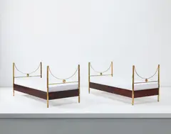 Pair of beds, model no. D 90 by Carlo De Carli, circa 1961, Brass, Brazilian rosewood-veneered wood, painted metal, wire mesh, sold Dec 2014