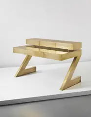 Gabriella Crespi, Rare "Z" desk with drawer unit, 1975, Brass-covered wood, plastic-laminated wood, acrylic