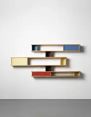 Charlotte Perriand, Bibliothèque, circa 1954, Oak, oak-veneered wood, painted diamond-point aluminum, painted aluminum, painted steel