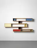 Charlotte Perriand, Bibliothèque, circa 1954, Oak, oak-veneered wood, painted diamond-point aluminum, painted aluminum, painted steel