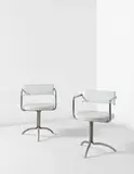 Frederick John Kiesler, Pair of armchairs, designed for Charles and Marguerita Mergentime, New York, 1935, Chromium-plated tubular steel, painted plywood, leather, vinyl, metal springs