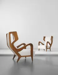 Gio Ponti, Pair of rare wingback chairs, circa 1947, Fabric, walnut