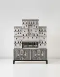 Unique “Architettura” illuminated double trumeau by Piero Fornasetti, 1966, Lithographic transfer-printed wood and metal, mahogany, painted metal, painted wood, brass, glass, sold Dec 2014