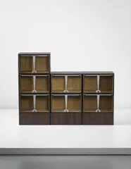 Émile-Jacques Ruhlmann, "SAD 29" modular bookcase, model no. 2431NR, circa 1929, Macassar-veneered wood, chromium-plated bronze, glass