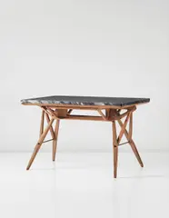 Table, designed for Società Reale Mutua di Assicurazioni, Turin by Carlo Mollino, 1946-1948, Nero Marquina marble, oak, brass, sold Dec 2014