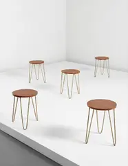 Balkrishna Doshi and Le Corbusier, Set of five stools, model no. LC-AH-10-A, from the Office of the Secretary General of the Mill Owners' Association Building, Ahmedabad, circa 1953, Teak, painted iron