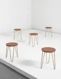 Balkrishna Doshi and Le Corbusier, Set of five stools, model no. LC-AH-10-A, from the Office of the Secretary General of the Mill Owners' Association Building, Ahmedabad, circa 1953, Teak, painted iron