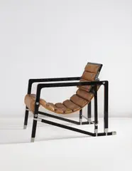 Eileen Gray, The Maharaja of Indore's "Transat" chair, from Manik Bagh Palace, 1930, Lacquered wood, nickel-plated metal, leather, fabric