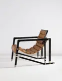 Eileen Gray, The Maharaja of Indore's "Transat" chair, from Manik Bagh Palace, 1930, Lacquered wood, nickel-plated metal, leather, fabric
