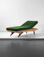 Carlo Mollino, Unique adjustable daybed, designed for Casa Orengo, Turin, 1949, Maple-veneered plywood, maple, stained maple, painted maple veneered wood, brass, fabric