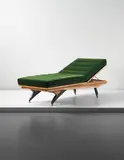 Carlo Mollino, Unique adjustable daybed, designed for Casa Orengo, Turin, 1949, Maple-veneered plywood, maple, stained maple, painted maple veneered wood, brass, fabric