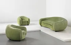 Jean Royere, "Ours Polaire" sofa and pair of armchairs, circa 1952, Mohair fabric, painted wood