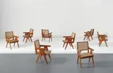Set of eight armchairs, model no. PJ-AH-09-A, from the the Mill Owner’s Association Building, Ahmedabad, India by Pierre Jeanneret, 1953-1954, Teak, cane, sold Dec 2014