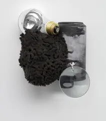 Paul Lee, Untitled (Can Sculpture), 2007, soda cans, magnifying glass, string, paint, xerox, socks, coal, and light bulb