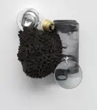 Paul Lee, Untitled (Can Sculpture), 2007, soda cans, magnifying glass, string, paint, xerox, socks, coal, and light bulb