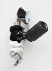 Paul Lee, Untitled (Can Sculpture) x 3 views, 2007, soda can, bath towel, ink, magnifying glass, string, paint, xerox, and light bulb