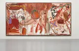 Jonathan Meese, Lichtsaurierin "Diktatyrdirnoz der Kunstierbabies", 2007, oil and mixed media on linen, in three parts