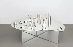 Josiah McElheny, Landscape Model for Total Reflective Abstraction (III), 2004, mirrored glass table with 15 hand-blown mirrored glass objects