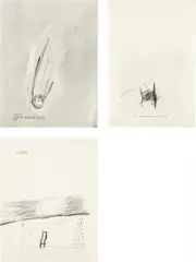 Robert Beck, Three Works: i) Untitled ("Clinical Studies of Personality: Vol II" by Arthur Burton and Robert E. Harris), 2000; ii) Untitled ("Psychological Evaluation of Human Figure Drawings by Middle School Pupils" by Elizabeth Koppitz), 2001; iii) Untitled ("Young Children and their Drawings" by Joseph H. Dileo), 2002, carbon, charcoal, and graphite on paper