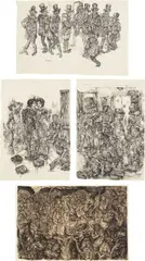Four Works: i) Natividad Salvatrucha; ii) The Fathers of Commerce and Industry, and their Papi (study); iii) Les Waltz des Narcos (study); iv) After You Monsieur! (The locker room of Grand Seigneurs) (study) by Oscar de las Flores, 2007, ink on paper, offered Mar 2013