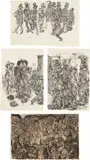 Oscar de las Flores, Four Works: i) Natividad Salvatrucha; ii) The Fathers of Commerce and Industry, and their Papi (study); iii) Les Waltz des Narcos (study); iv) After You Monsieur! (The locker room of Grand Seigneurs) (study), 2007, ink on paper