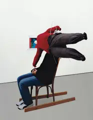 John Bock, Andrew Irvine, 2003, wooden chair affixed to a pair of wooden skis, stuffed fabric dummy, plastic tubing, beans and the artist's self-portrait