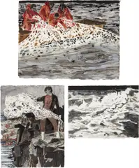 Three Works: i) The Future of Romance; ii) Empty Waters; iii) Reaching Out by Hernan Bas, 2003, mixed media on paper, sold Mar 2013