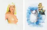 Martin Eder, Two Works: i) Untitled (Woman), 2001; ii) Untitled (Cat), 2000, watercolor and graphite on paper