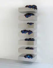 Sylvie Fleury, Eternal Wow on Shelf (cyan/purple), 2007, polished stainless steel, fiberglass, and car paint