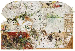 Elliott Hundley, Garland, 2003, photographs, plastic silk, pins, needles, plastic straws, wood, rubber bands, gel medium, aluminum, drawings, watercolor on board