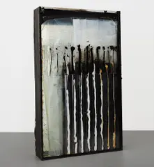 Oscar Tuazon, Untitled, 2010, steel, broken security glass, Plexiglas, plastic tarp, steel mesh, silicone, fiberglass, tracing paper