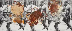 Kelley Walker, Black Star Press; Star Press, Black Star Press, Black Press, 2005, scanned image and silkscreened white, milk and dark chocolate on digital print laid on canvas, in 3 parts
