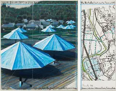 The Umbrellas by Christo, 1989, mixed media on paper, laid on panel, in 2 parts, sold May 2013