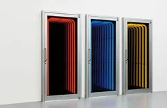 Iván Navarro, Shortcut, 2005, triptych: aluminum doors, mirrors, neon variable