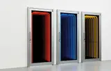 Iván Navarro, Shortcut, 2005, triptych: aluminum doors, mirrors, neon variable