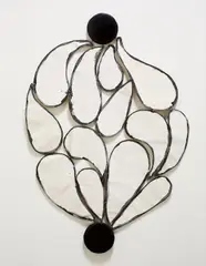 Leda Catunda, Duas Moscas, 1995, acrylic on canvas, metal rings, wood, and leather