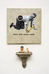 Rubén Torres Llorca, Make Your Father Proud, 2007, acrylic, newspaper, and found objects collage on cloth, newspaper collage on found wooden shelf, newspaper collage on found doll