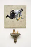 Rubén Torres Llorca, Make Your Father Proud, 2007, acrylic, newspaper, and found objects collage on cloth, newspaper collage on found wooden shelf, newspaper collage on found doll