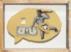 The Bruce High Quality Foundation, Self Portrait (The Origin of Consciousness), 2001-10, magazine clipping, dollar bill, polyurethane foam, various media, in artist's painted wood frame