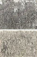 Two works: (i) Shipwreck Survivors, 2004; (ii) Commemorative & Indigestive Celebration of Human Greatness with Octopus by Oscar de las Flores, 2000-01, (i) ink on paper; (ii) ink and watercolor on paper, sold Sep 2013