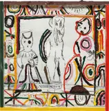 Tal R, Sir and She Desire It, 2005-06, oil on paper and canvas, in artist's painted wood and glass frame